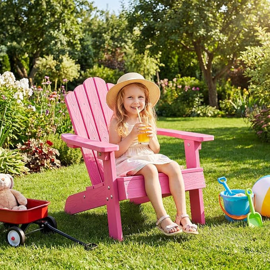 Costzon Kids Adirondack Chair, All-Weather HIPS Toddler Outdoor Chair, Wooden Textured Plastic Fire Pit Chair, Kids Patio Chair for Backyard Lawn Garden, Fits Children Age 3-7 Years (2, Pink)