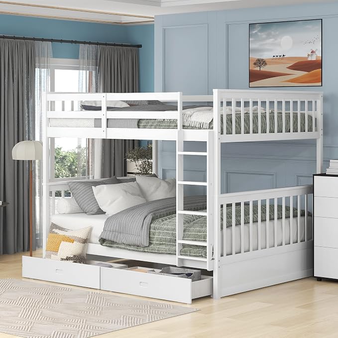 Merax Full-Over-Full Bunk Bed with Two Storage Drawers, Solid Wood Full Size Bunk Bed with Guardrail and Removable Ladder, Can be Converted Into 2 Separate Beds, White