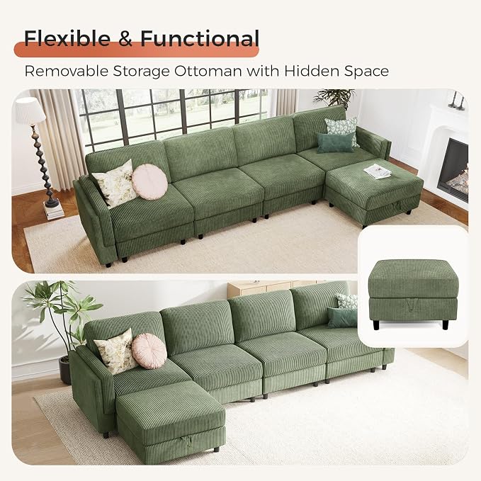KKL Modular Sectional Sofa Bed with Storage Ottoman, Convertible L/U-Shaped Sleeper Couch for Living Room, Modern Reversible Design(Green,5 Seater L Shape)