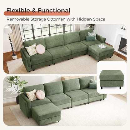 KKL Modular Sectional Sofa Bed with Storage Ottoman, Convertible L/U-Shaped Sleeper Couch for Living Room, Modern Reversible Design(Green,5 Seater L Shape)
