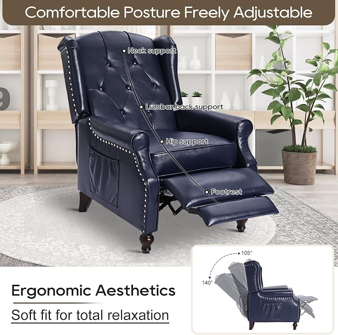 Wingback Recliner Chair with Massage and Heat PU Leather Push Back Arm Chair, Recliner Chair for Living Room Bedroom Home Theater (1,Navy Blue)