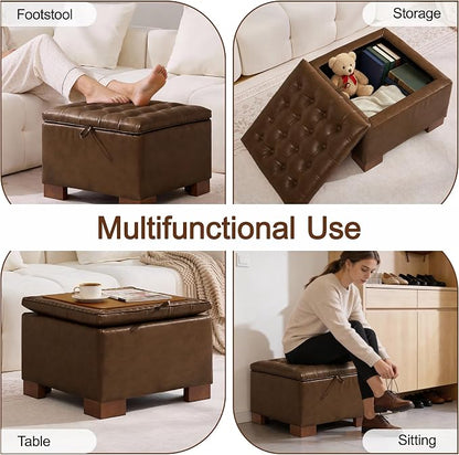 WUTUTUEE 24" Faux Leather Square Storage Ottoman with Wooden Tray, Modern Tufted Button Footstool Coffee Table, Upholstered Small Ottoman for Living Room, Bedroom, Coffee