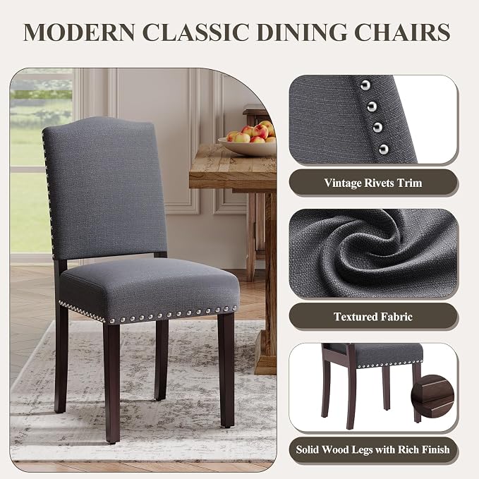 Upholstered Parsons Dining Chairs Set of 4, Modern Dining Room Chairs with Back, Fabric Kitchen Side Chairs with Wood Legs, Nailhead Trim for Dinner Farmhouse Restaurant, Darkgrey