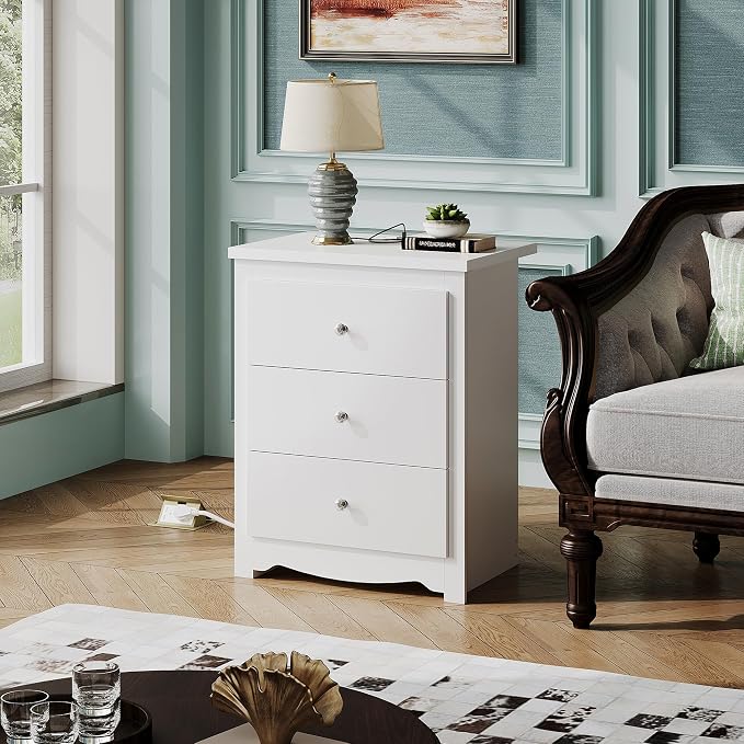 WLIVE White Nightstand with Charging Station, Wood Night Stand with 3 Drawers Storage, Tall Bedside Table End Side Tables with 2 USB Ports and Outlets for Bedroom, Closet, White