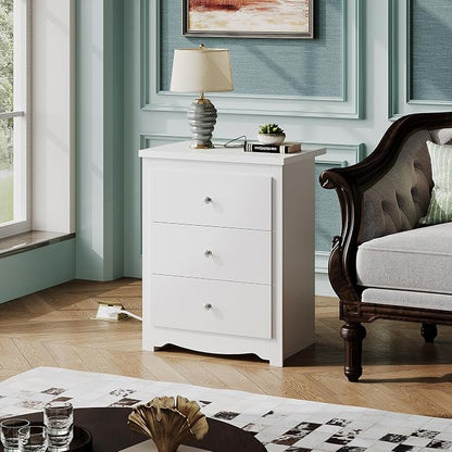 WLIVE White Nightstand with Charging Station, Wood Night Stand with 3 Drawers Storage, Tall Bedside Table End Side Tables with 2 USB Ports and Outlets for Bedroom, Closet, White