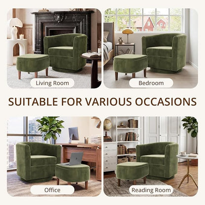 Swivel Accent Chair with Storage Ottoman Set of 2, Small Modern Velvet Barrel Chair, Upholstered Armchair with Footrest for Living Room/Reading/Bedroom, 24.8'' D x 25.38'' W x 25.6'' H, Green