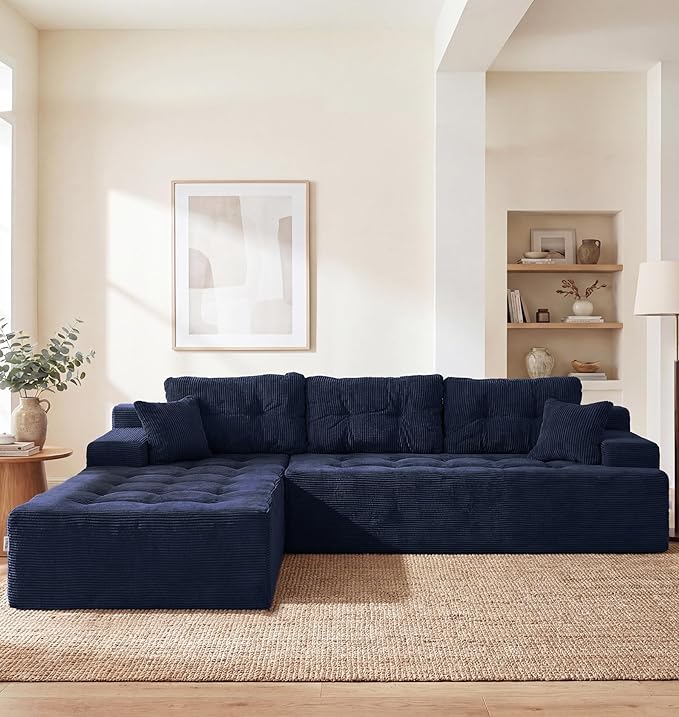 Hobestluk Modular Sectional Sofa Couches L-Shape Couch 3 Seat Modular Sofa Memory Foam Sectional Couches for Living Room, Cloud Couch with Oversized Chaise (Dark Blue Corduroy, 108", Left Hand Facing)