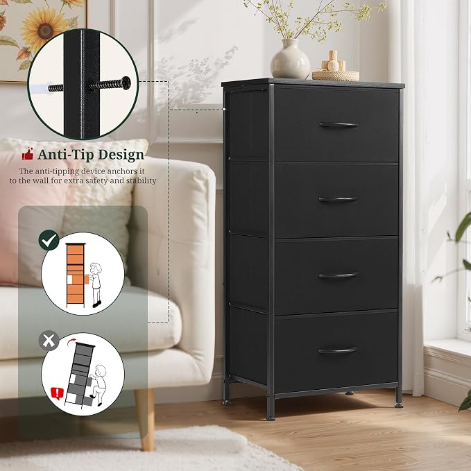 4 Drawers Dresser for Bedroom, Upgraded Fabric Storage Tower Organizer with Wooden Top and Steel Frame, Tall Chest of Drawers for Closet, Entryway, Dorm, Soft Black
