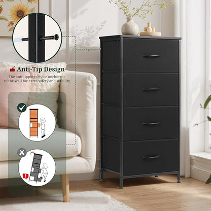 4 Drawers Dresser for Bedroom, Upgraded Fabric Storage Tower Organizer with Wooden Top and Steel Frame, Tall Chest of Drawers for Closet, Entryway, Dorm, Soft Black