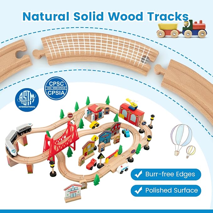Costzon Train Table, 80 Pcs, Wooden Kids Activity Table Playset with Reversible & Detachable Tabletop, Solid Wood Tracks, Train, Railway, City, DIY Design, Gift for Boys & Girls, Multi-Color