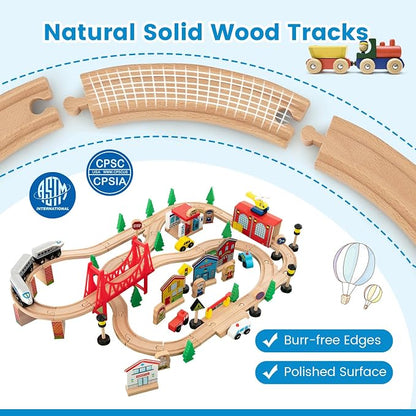 Costzon Train Table, 80 Pcs, Wooden Kids Activity Table Playset with Reversible & Detachable Tabletop, Solid Wood Tracks, Train, Railway, City, DIY Design, Gift for Boys & Girls, Multi-Color