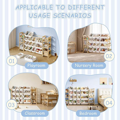 EXPERLAM Extra Large Toy Storage - Toy Storage Organizer, Wooden Toy Organizer with 6 Side Shelves and 16 Bins, 3-in-1 Bookshelf for Kids Rooms, Playroom, Nursery, White