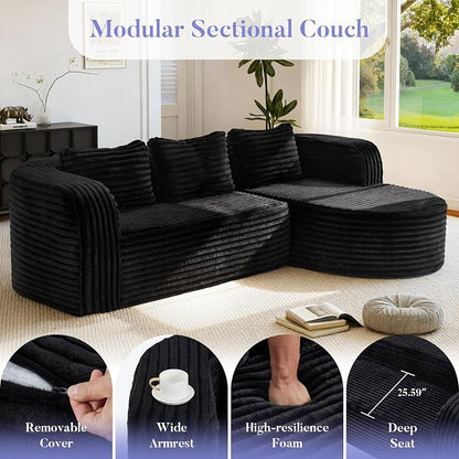 Hobestluk Modular Sectional Sofa Couches L-Shape Couch 3 Seat Modular Sofa Memory Foam Sectional Couches for Living Room, Cloud Couch (Round Black, 96", Right Hand Facing)