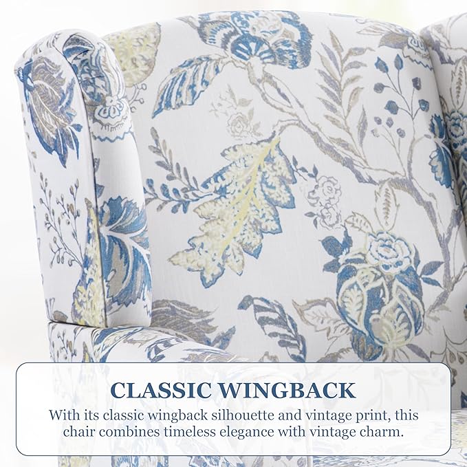 HUIMO Printed Wingback Accent Chair, Linen Upholstered High Back Armchair, Comfy Reading Chair for Living Room Bedroom Study, 300lbs Weight Capacity (2, Blue Floral)