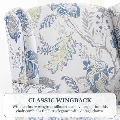 HUIMO Printed Wingback Accent Chair, Linen Upholstered High Back Armchair, Comfy Reading Chair for Living Room Bedroom Study, 300lbs Weight Capacity (1, Blue Floral)