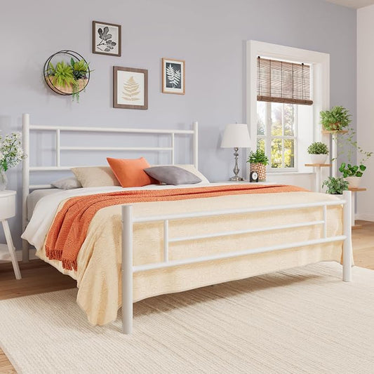 Allewie 14 Inch Full Size Metal Platform Bed Frame with Headboard and Footboard, Underbed Storage, Strong Metal Slats Support, Mattress Foundation, No Box Spring Needed, Easy Assembly, White
