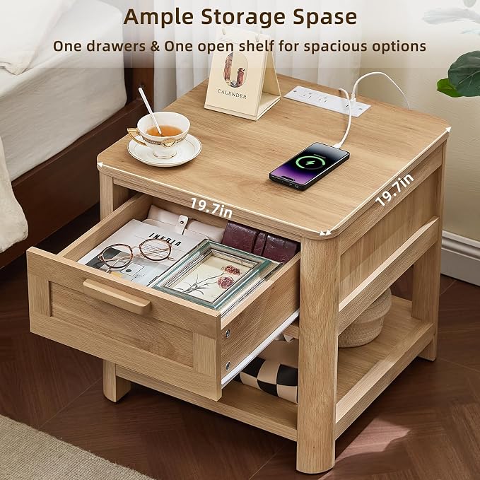 Joaxswe Farmhouse Night Stand Set of 2 with Charging Station, Wood Bed Side Tables Bedroom Set of 2 with Drawer & Open Storage Shelf, Natural Wood