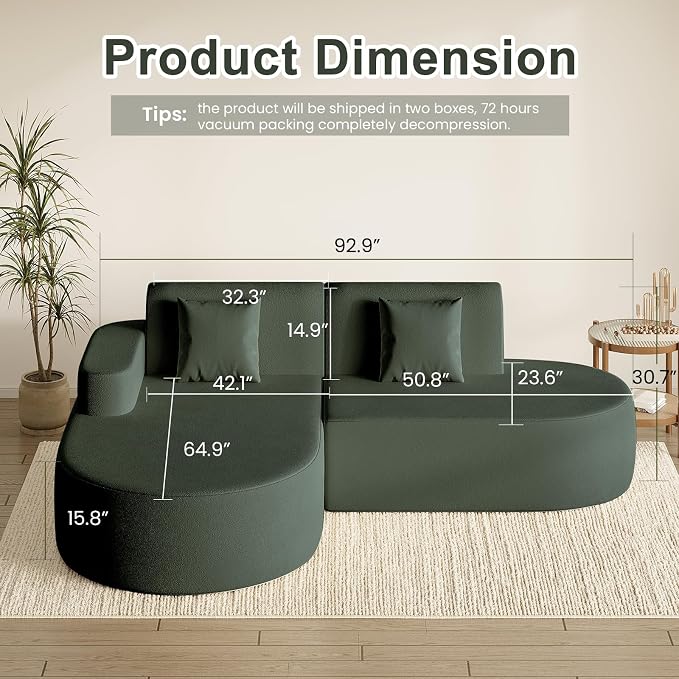 MELLCOM Modern 93" Curved Boneless Sofa Couch, L-Shaped Corner Sofa, No Assembly Needed, Chenille Upholstered Cloud Sectional Couch for Living Room, Bedroom and Apartment (Green, Left Hand Facing)
