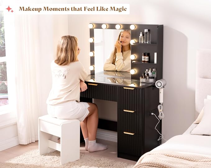 AMERLIFE 36.2" Fluted Vanity Desk with Mirror and Adjustable LED Lights, Large 4 Drawers Makeup Vanity Table with Glass Top and Charging Station for Women and Girls, Bedroom or Dorm, Black