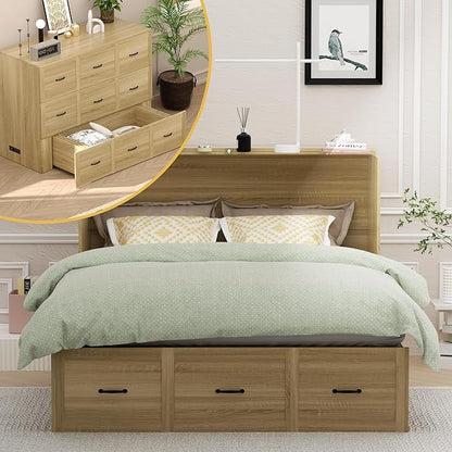 Full Size Murphy Bed with Charging Station and Drawer Farmhouse Cabinet Bed Wood Space-Saving Hidden Folding Platform Bed Chest for Home Office Bedroom Guest Room Apartment,Natural