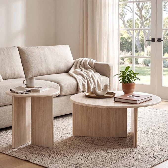 DUOMAY Coffee Table and End Table Set of 2 Modern Round Nesting Coffee Table Faux Marble Side Table Wooden Beige Travertine Finish for Living Room, Reception Room, Home Office