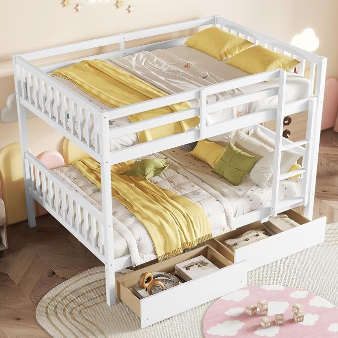 Harper & Bright Designs Full Over Full Bunk Bed with 2 Drawers, Convertible into 2 Beds, Bunk Bed with Ladder and Safety Guardrails, White