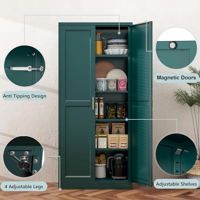 71” Metal Tall Kitchen Pantry Cabinet,Storage Cabinet with Doors and Adjustable Shelves,Modern Kitchen Hutch Cabinet,Freestanding Cupboard for Dining Living Room