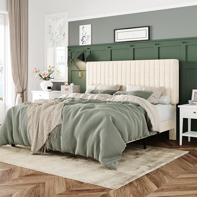 Allewie Full Bed Frame, Upholstered Platform Bed with Adjustable Vertical Channel Tufted Headboard, Mattress Foundation with Strong Wooden Slats, Box Spring Optional, Easy Assembly, Chenille White