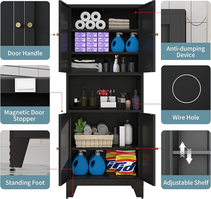 69" Tall Metal Pantry Cabinet with Microwave Stand,Microwave Storage Cabinet with 4 Doors & 3 Adjustable Shelves for Kitchen (4doors-Black, 13.78" D x 27.54" W x 68.9" H)
