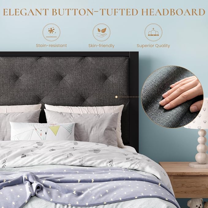 SHA CERLIN Twin Size Metal Bed Frame with Linen Tufted Headboard, Dark Gray | Modern Design Heavy-Duty Platform Bed, No Box Spring Need, Linen Fabric Upholstery, Noise Free, Easy Assembly