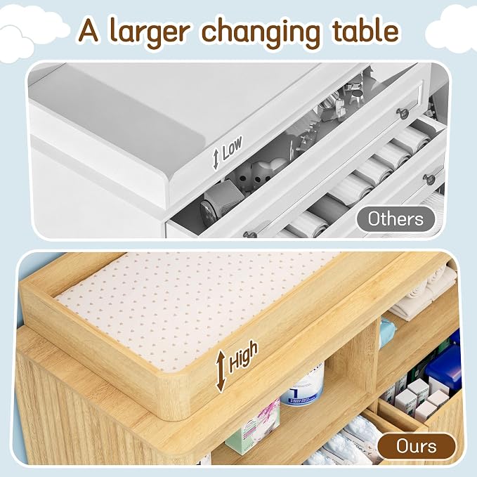 St.Mandyu Changing Dresser, 4 Large Drawers Wood Baby Nursery Dresser with Raised and Detachable Changing Table Top, Fluted Chest with Gold Handles, Large Storage Organizer for Nursery Room,Natural