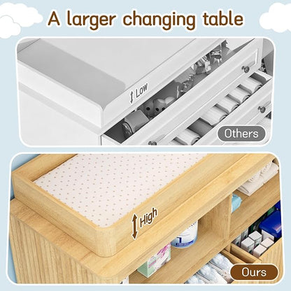 St.Mandyu Changing Dresser, 4 Large Drawers Wood Baby Nursery Dresser with Raised and Detachable Changing Table Top, Fluted Chest with Gold Handles, Large Storage Organizer for Nursery Room,Natural