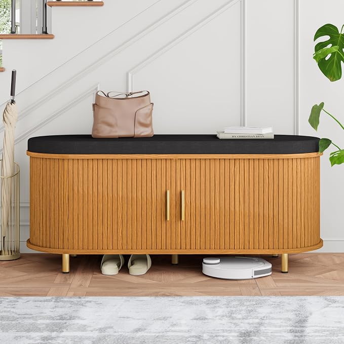 DHH 2-Tier Storage Bench,Wide Shoe Bench with Thickened Padded Seat Cushion, Mid Century Modern Fluted Sliding Door and Adjustable Shelf, for Entryway, Living Room, Bedroom (Yellow Walnut, 43.3“)