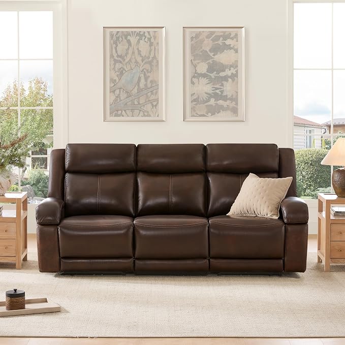 Watson & Whitely Genuine Leather Power Recliner Sofa, 3 Seater Wall Hugger Reclining Sofas with Power Headrest, USB & TypeC Ports, Electric Recliner Couch Set for Living Room, Dark Brown