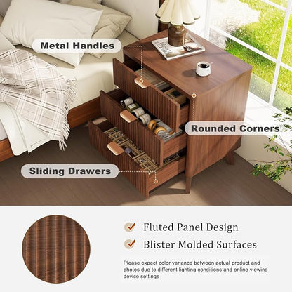LYNCOHOME Fluted Nightstand Set of 2, Wood Bedside Table with 3 Drawers, Modern Farmhouse Storage End Table for Bedroom, Walnut