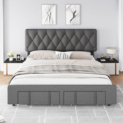 GarveeHome Queen Size Bed Frame, Upholstered Platform Bed Frame with Storage Drawers, Mattress Foundation with Solid Wooden Slats Support, No Box Spring Needed, Grey