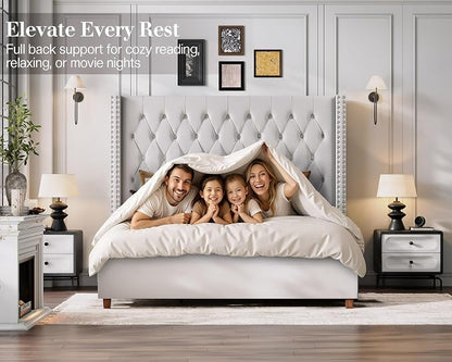 Jocisland King Bed Frame 61.4" Tall Headboard Velvet upholstered,Cream | Full Back Support Wingback Headboard,Deep Button Tufted Hand-crafted Pleats,Squeak-Free Sleep,Solid Wood Legs,Easy Assembly