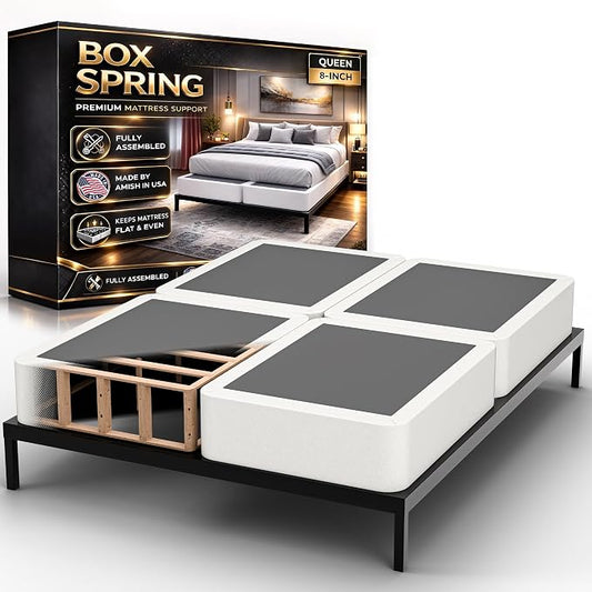Box Spring Bed Base Queen Size, 8-Inch Wood Mattress Foundation – Amish Made in USA – Quiet Noise Free, Under Mattress-Support BoxSpring, Fully Assembled, White