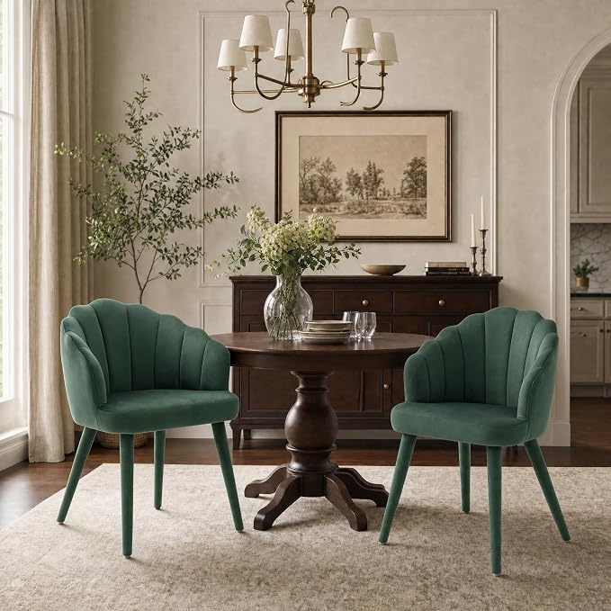 Hyfirm Velvet Dining Chairs Set of 2, Upholstered Modern Kitchen Dining Chairs with Petal Back & Fabric Covered Wooden Legs, Comfy Accent Armchairs for Bedroom/Kitchen/Vanity, Green