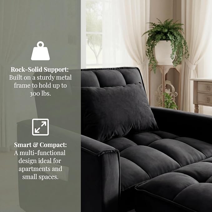 Sleeper Chair, Pull Out Chair Sleeper with Adjustable Back & Pocket, Convertible Chairs Bed Sleepers for Adults, 3 in 1 Sofa Bed Chairs for Small Spaces, Living Room, Black