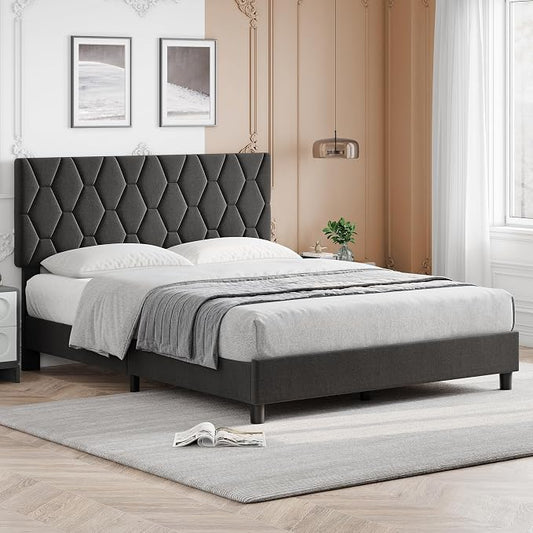 GarveeHome Full Bed Frame with Headboard, Heavy-Duty Platform Bed Frame with Adjustable Headboard, Upholstered Mattress Foundation with Strong Wood Slat Support/No Box Spring Needed/Noise Free, Gray