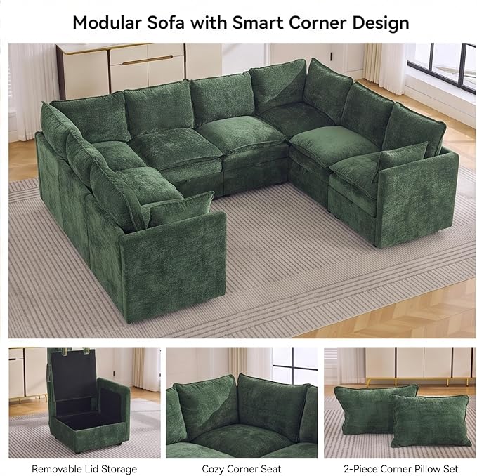 105" Green Oversized Modular Storage Sofa, U Shaped Chenille Cloud Couch | Oversized Convertible Sectional Sofa, 8-Seat Sectional Couch With Armrests, Large Cloud Couch For Living Room, Apartment.
