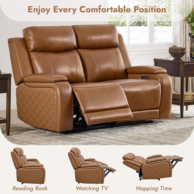 Watson & Whitely Genuine Leather Power Loveseat Recliner Sofa, Zero Gravity Reclining Loveseat with Power Headrest & Hidden Storage, Charging Ports, Dual Recliner Sofas for Living Room, Saddle Brown