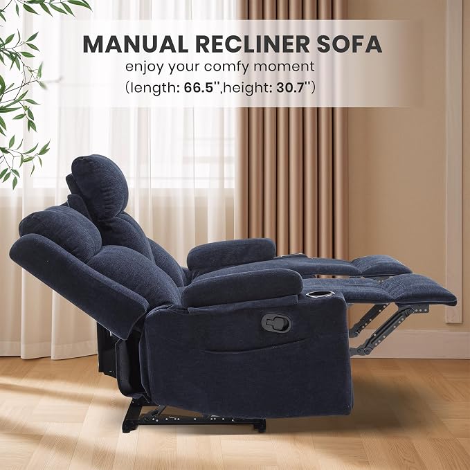 75'' Manual Reclining Sofa with Storage Drawer, 3 Seat Wall Hugger Recliner Couch with Cup Holders, Side Pockets, Chenille Fabric, Compact 3-Person Recliner for RV, Living Room, Apartment (Blue)