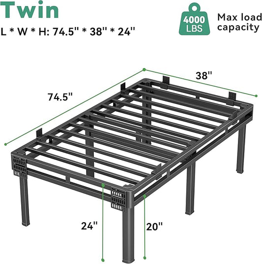Superay Twin Bed Frame, 24 inch Metal Bed Frame & Box Spring 2 in 1 Platform with Rounded Legs, Double Layer Bed Frame with Matress Gasket & headboard Adapter, Support Up to 4000lbs