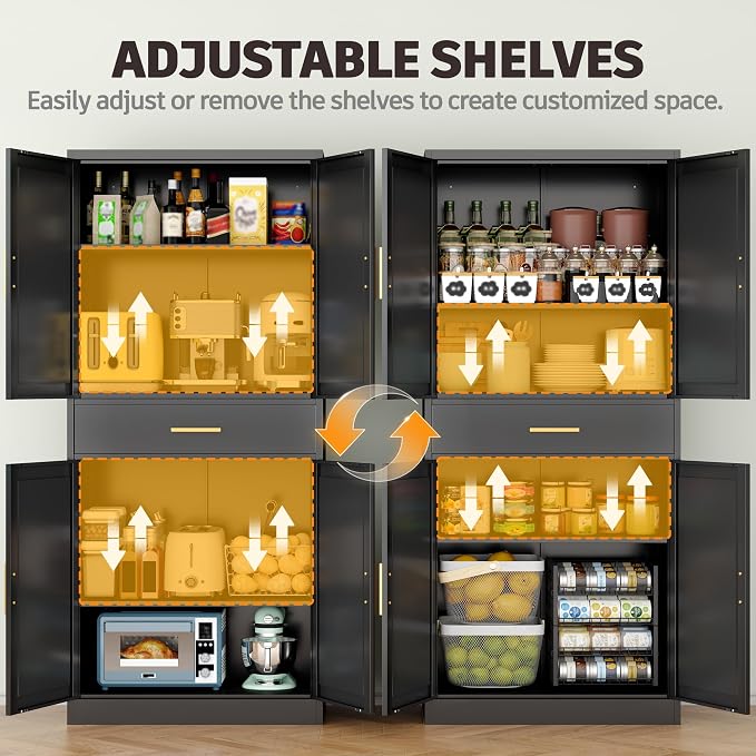 71” Tall Kitchen Pantry Cabinet, Metal Storage Cabinet with 1 Drawer and 2 Adjustable Shelves for Kitchen, Living Room, Laundry Room