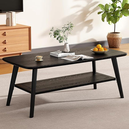 Coffee Table Small Solid Wood Center Table Mid Century Vintage Living Room Coffee Table, Black 39.37 Inch