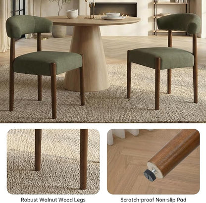 VKNOW Wooden Dining Chairs Set of 6, Modern Upholstered Dining Room Chairs with Walnut Wood Legs and Curved Backrest, Fabric Kitchen Chairs for Farmhouse/Living Room/Dining Room, Green