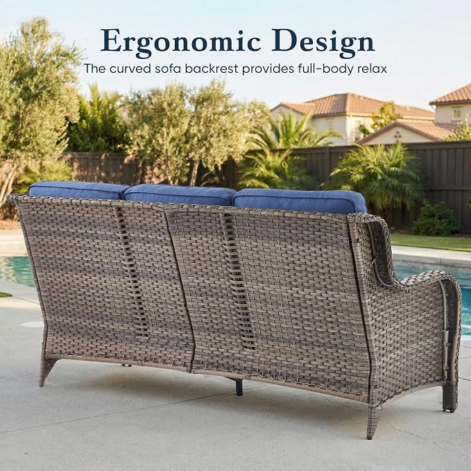 Belord Luxury 6" Thick Cushioned PE Wicker 3-Seater Outdoor Couch, All-Weather Comfortable Modern Patio Sofa, High Back Deep Seat Woven Outdoor Furniture for Porch Balcony, Lawn, Deck - Greyblue