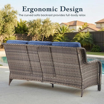 Belord Luxury 6" Thick Cushioned PE Wicker 3-Seater Outdoor Couch, All-Weather Comfortable Modern Patio Sofa, High Back Deep Seat Woven Outdoor Furniture for Porch Balcony, Lawn, Deck - Greyblue
